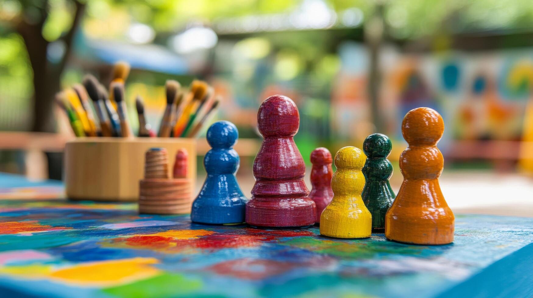 Colorful wooden figures on a table with paint photo