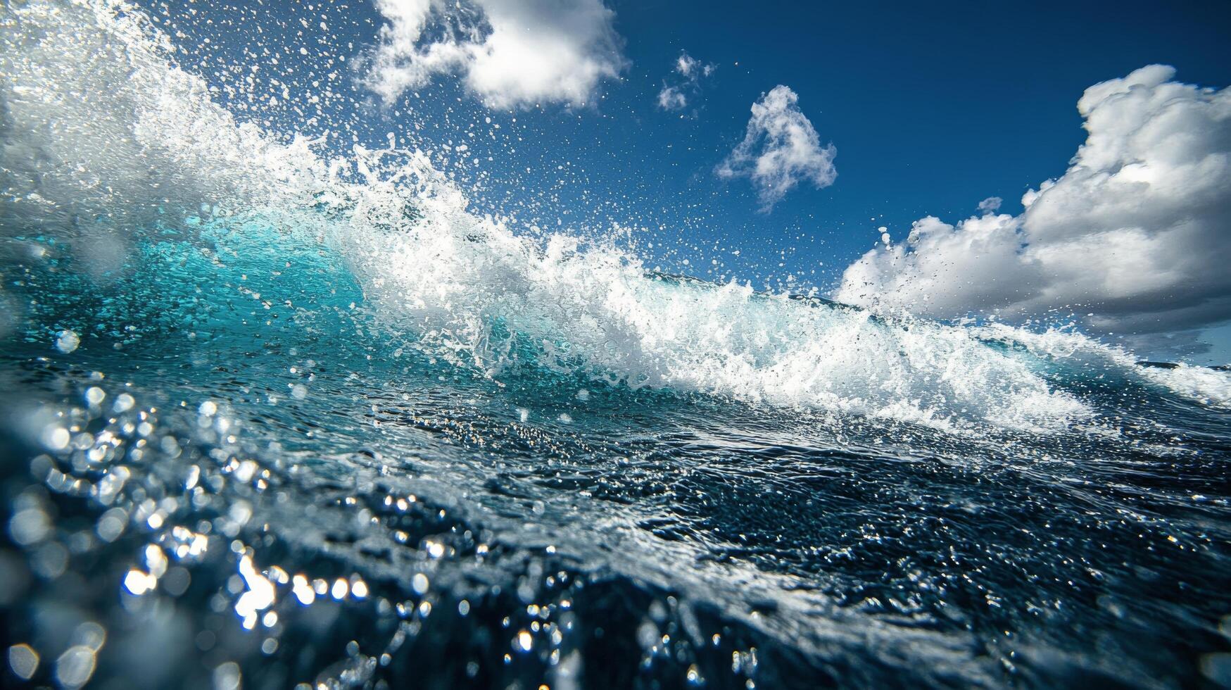 A wave breaking on the ocean with blue sky photo