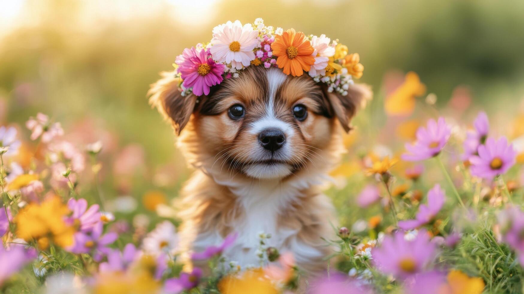 A puppy wearing a flower crown in a field of flowers photo