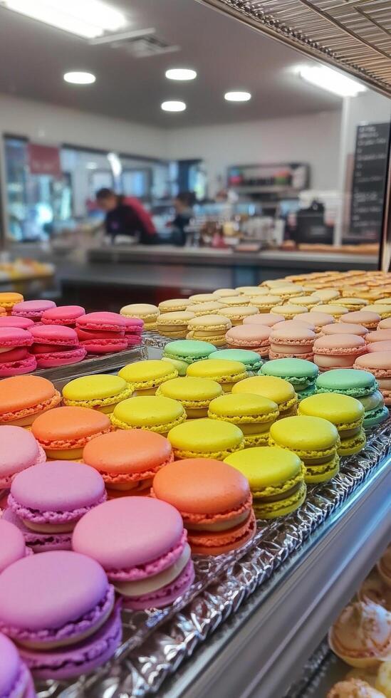 A display case filled with colorful macarons photo