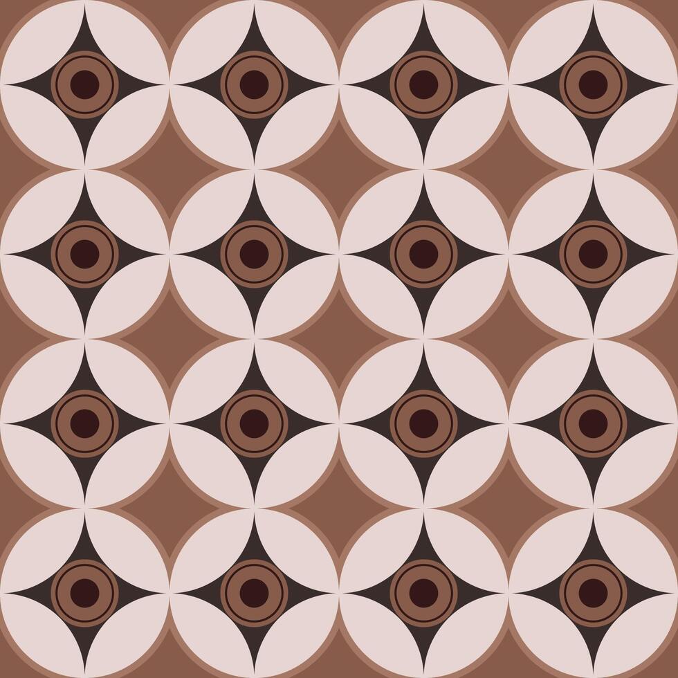 Geometric seamless pattern of circles and stars on chocolate background in mid-century modern style vector
