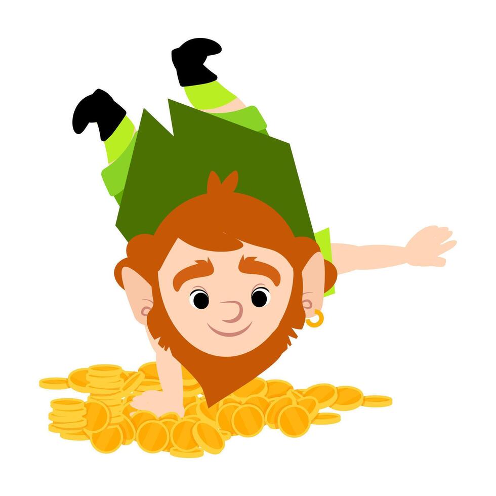 A cheerful leprechaun elf stands on one hand on a pile of gold coins vector