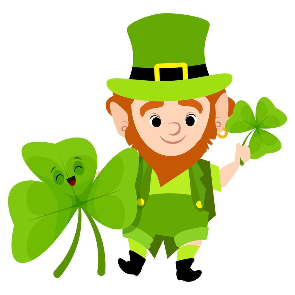 Leprechaun in green suit and hat with shamrock leaf for St. Patrick's Day vector
