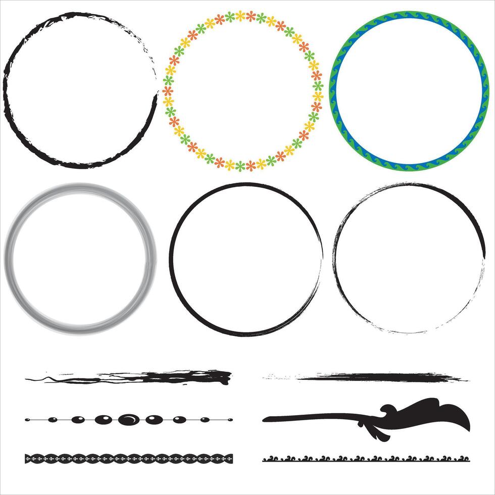 Japanese round brushstrokes. Asian enso circles. Straight distress long lines set. Chinese black zen calligraphy elements. vector