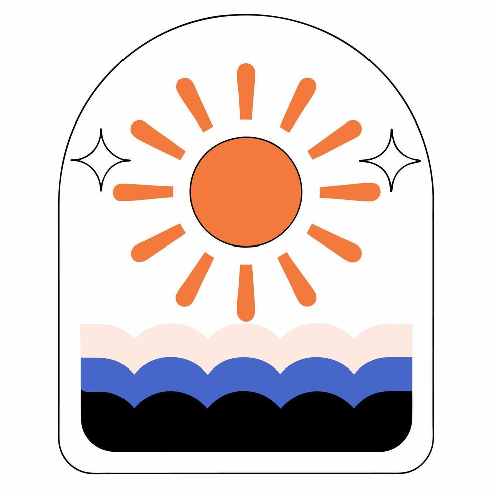 Minimalist Summer Sun and Ocean Waves Illustration Arched Design. vector