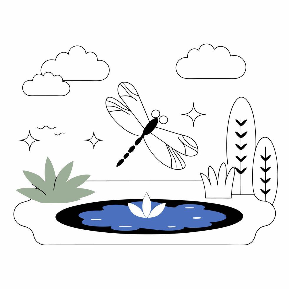 Dragonfly Pond Minimalist Line Art Illustration Peaceful Nature Scene. vector