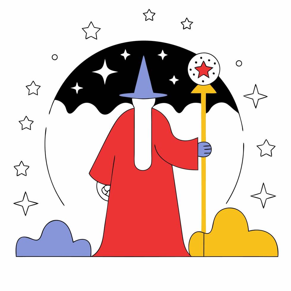 Wizard with Star Staff Red Robe, Night Sky. vector