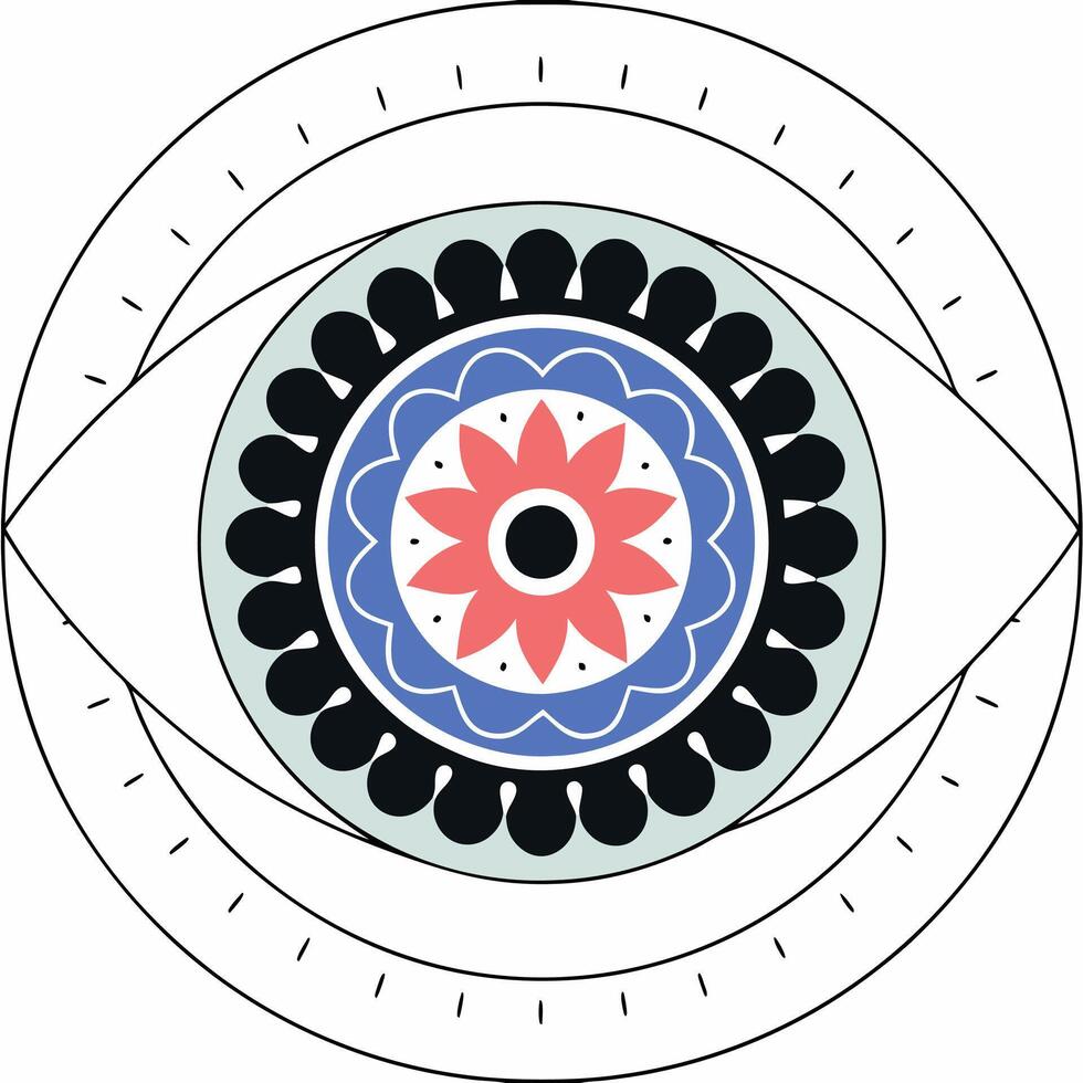 Eye Mandala Coral Blue Black Floral Pattern Graphic. vector