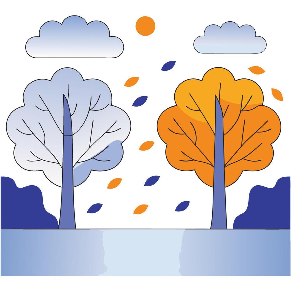 Autumn Winter Trees Landscape Illustration Orange, Blue, Seasonal Transition. vector