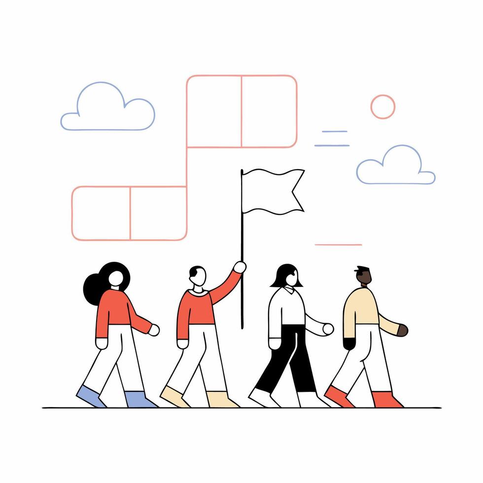 Teamwork Success Diverse People Walking Towards Goals Flat Illustration. vector