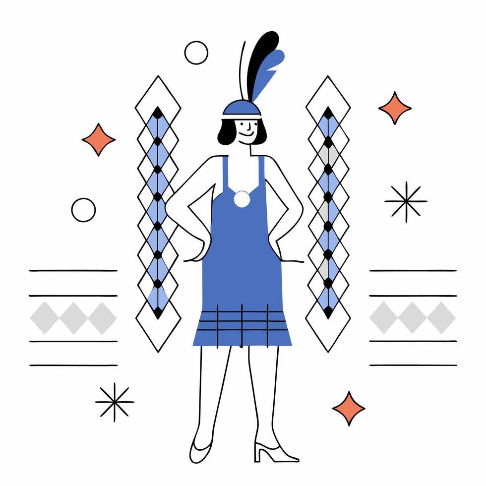 1920s Flapper Girl, Blue Dress, Art Deco Illustration. vector