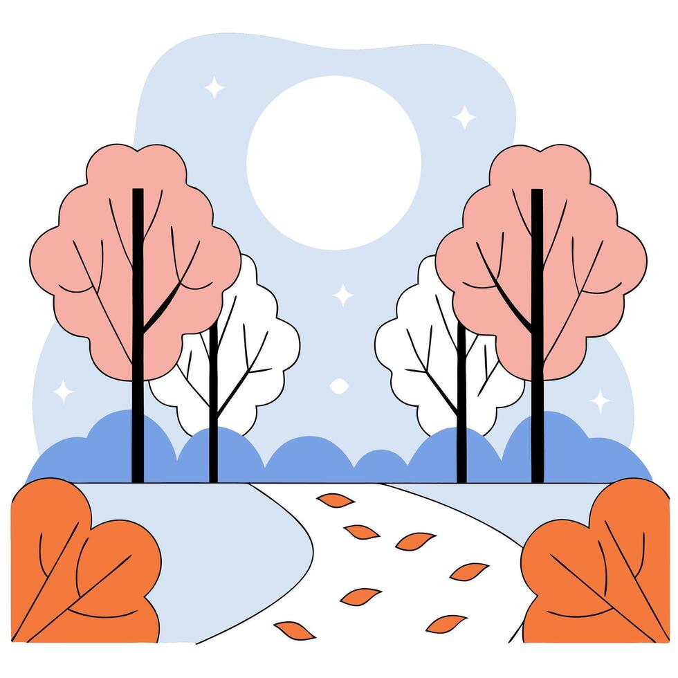 Autumn Path Peaceful Moonlight Scene Pink and White Trees. vector