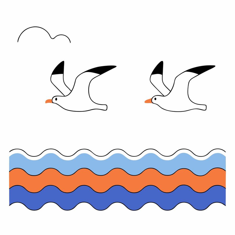 Seagulls Ocean Waves Minimalist Illustration Summer Beach Nautical Design. vector