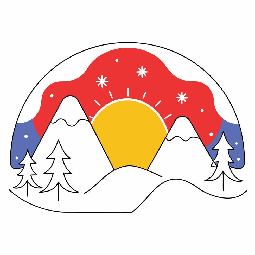 Snowy Mountains Sunrise Line Art Winter Illustration Red, Yellow. vector
