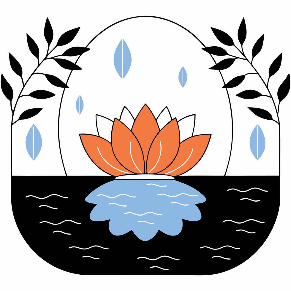 Minimalist Orange Lotus Flower in Calm Water Illustration. vector