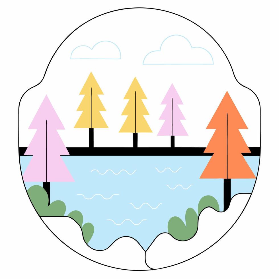 Pastel Lake and Trees Minimalist Landscape Illustration Calm, Colorful. vector
