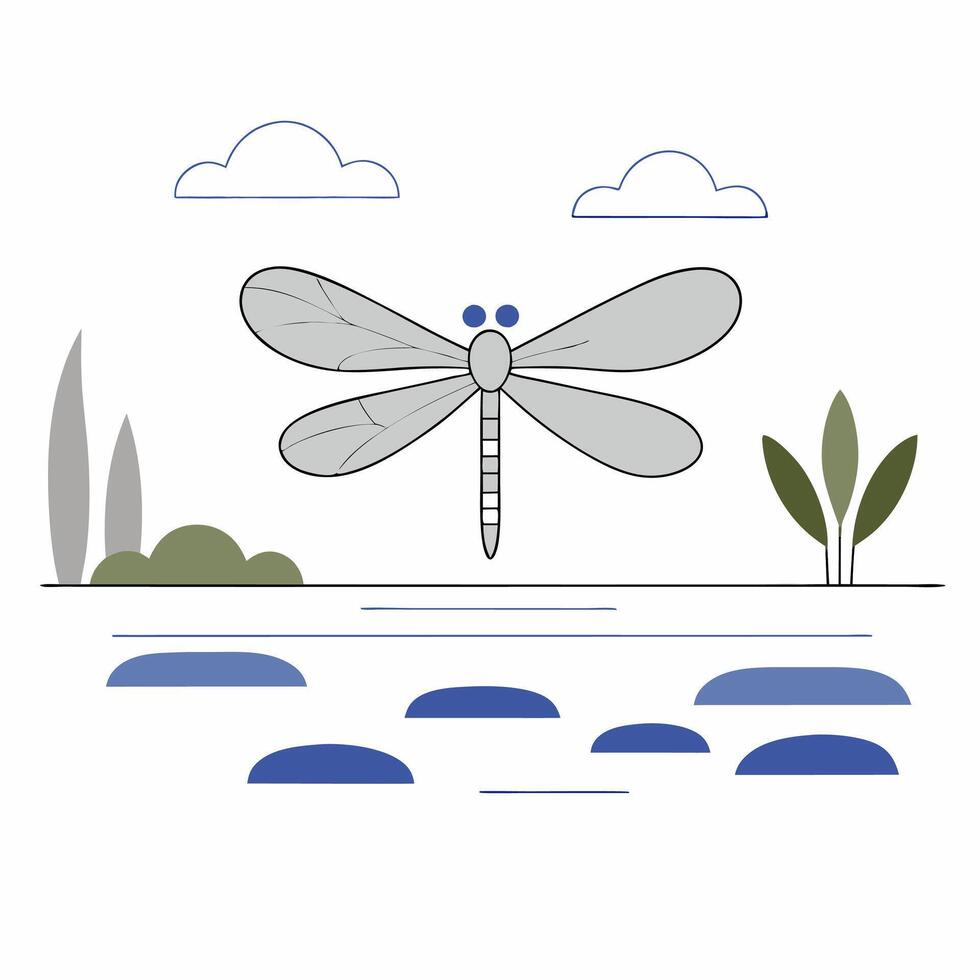 Minimalist Dragonfly Lake Scene Illustration Grey, Blue. vector