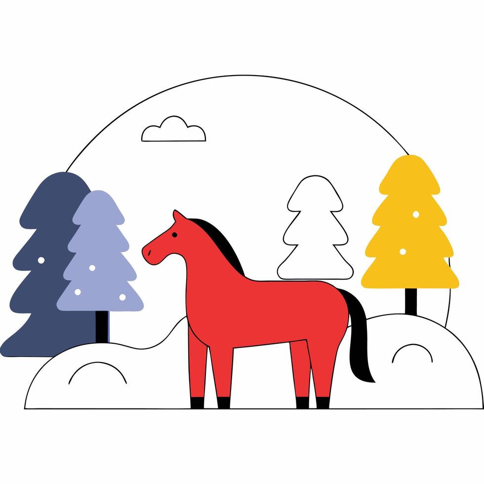Red Horse Winter Scene Minimalist Line Art Illustration. vector