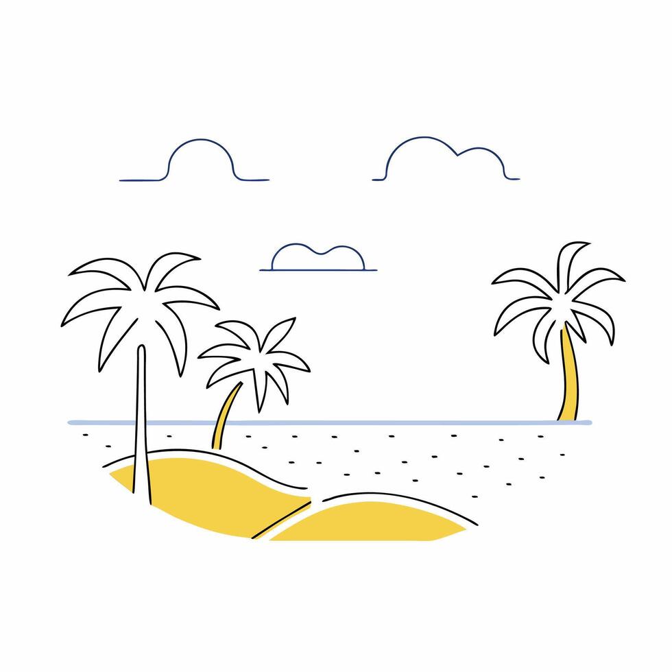 Minimalist Tropical Beach Scene Palm Trees, Yellow Sand. vector
