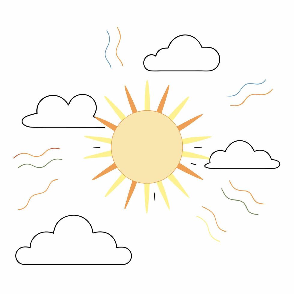 Happy Sun and Clouds Illustration Pastel Colors. vector