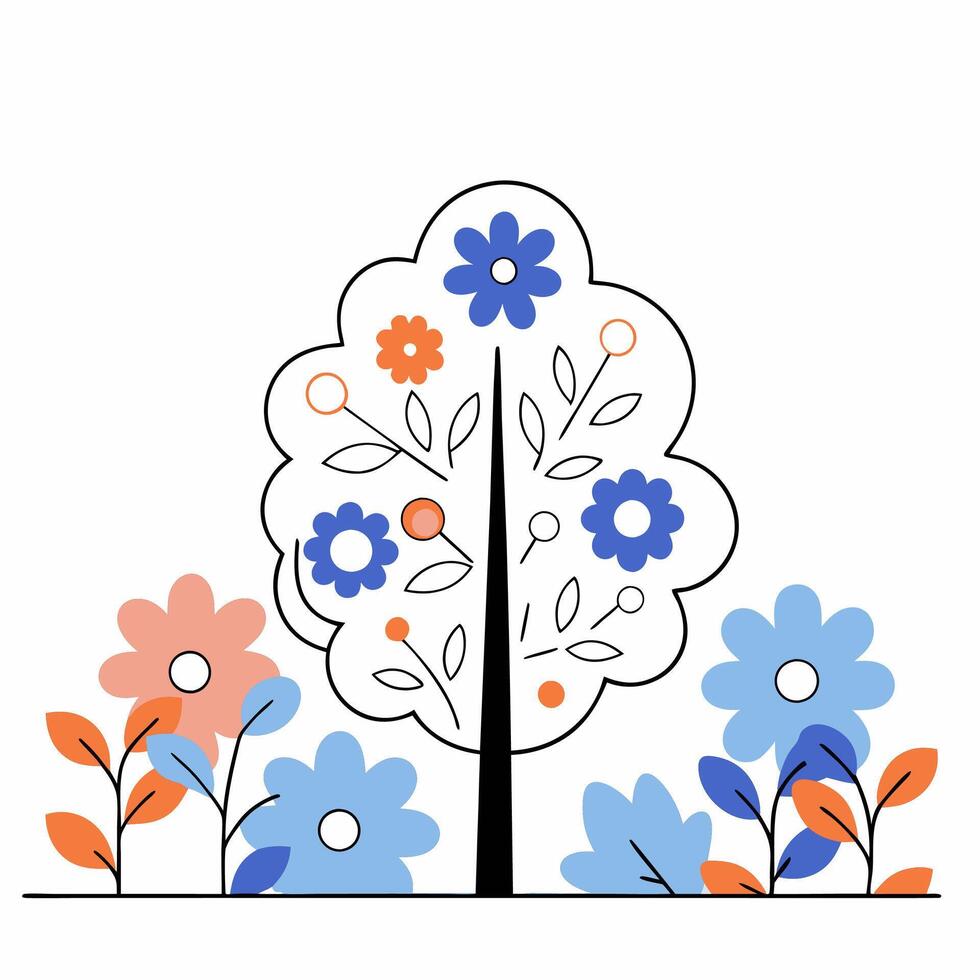 Stylized Floral Tree Blue, Orange. vector