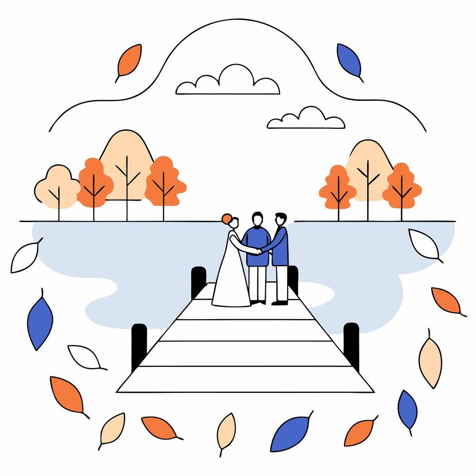 Autumn Wedding Minimalist Line Art Couple on Dock, Fall Foliage, Lake. vector