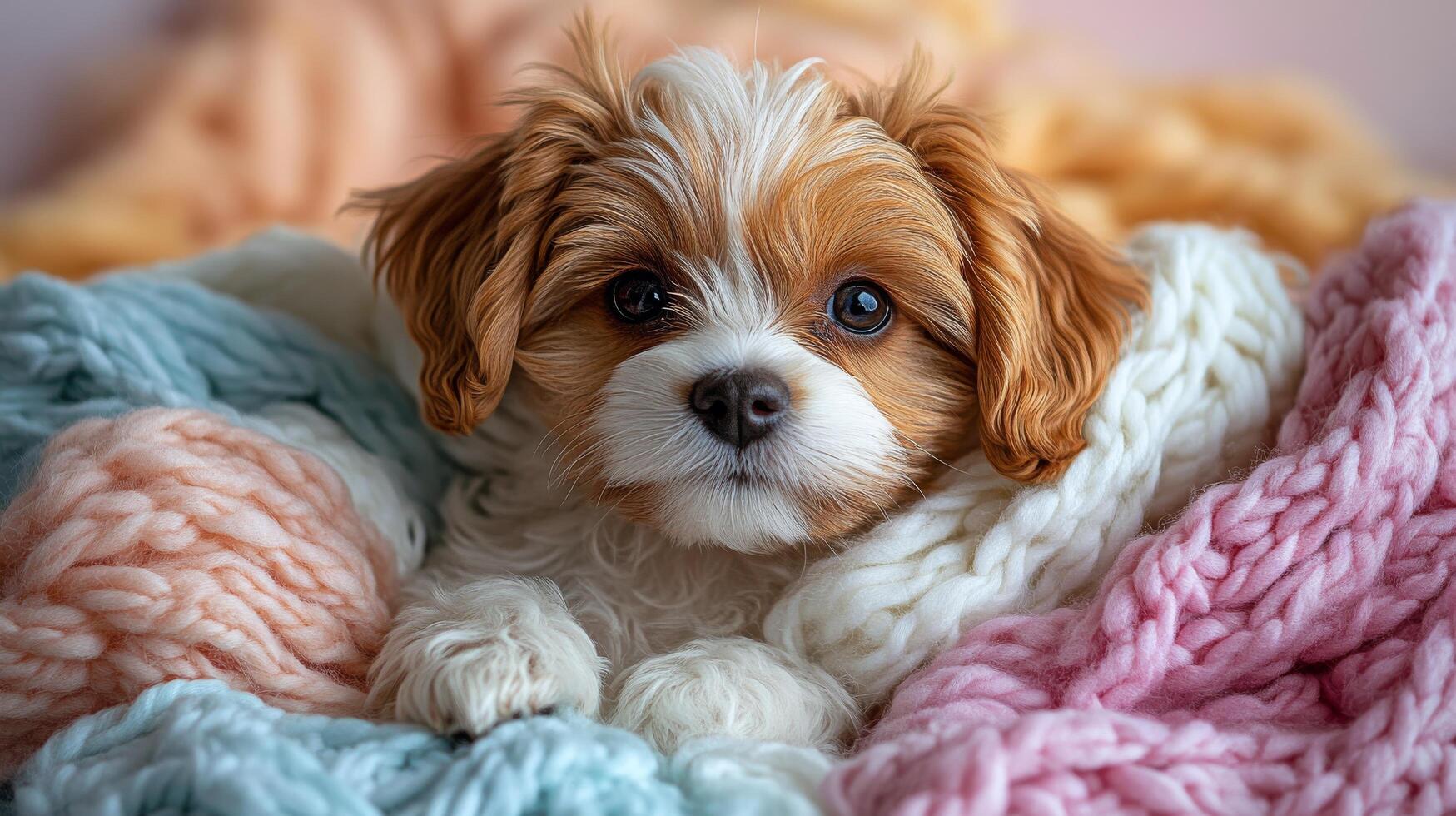 A small brown and white dog is sitting on a blanket photo