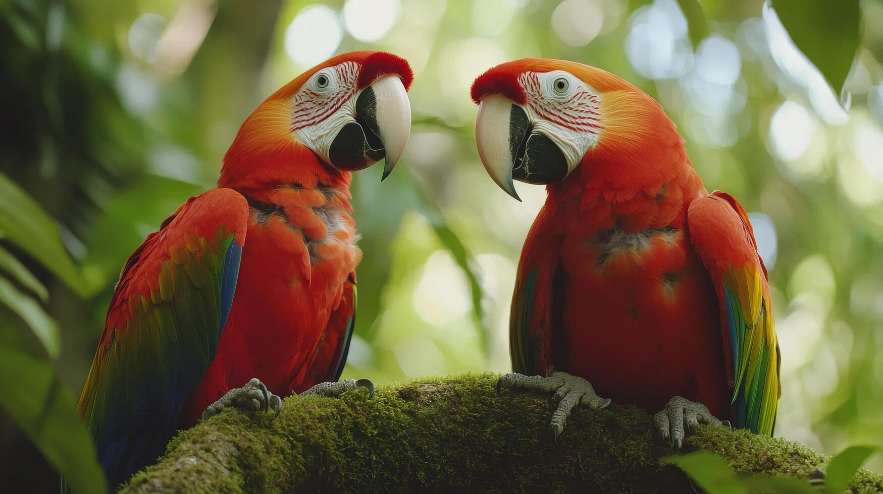 Two parrots sitting on a branch in the jungle photo