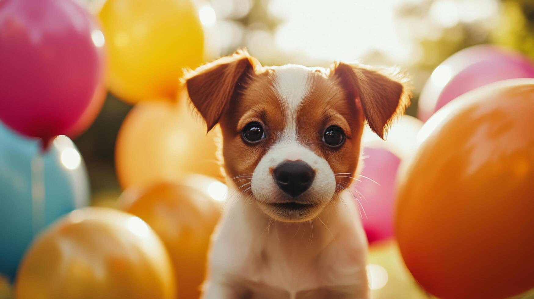 A small dog is standing in front of a bunch of balloons photo