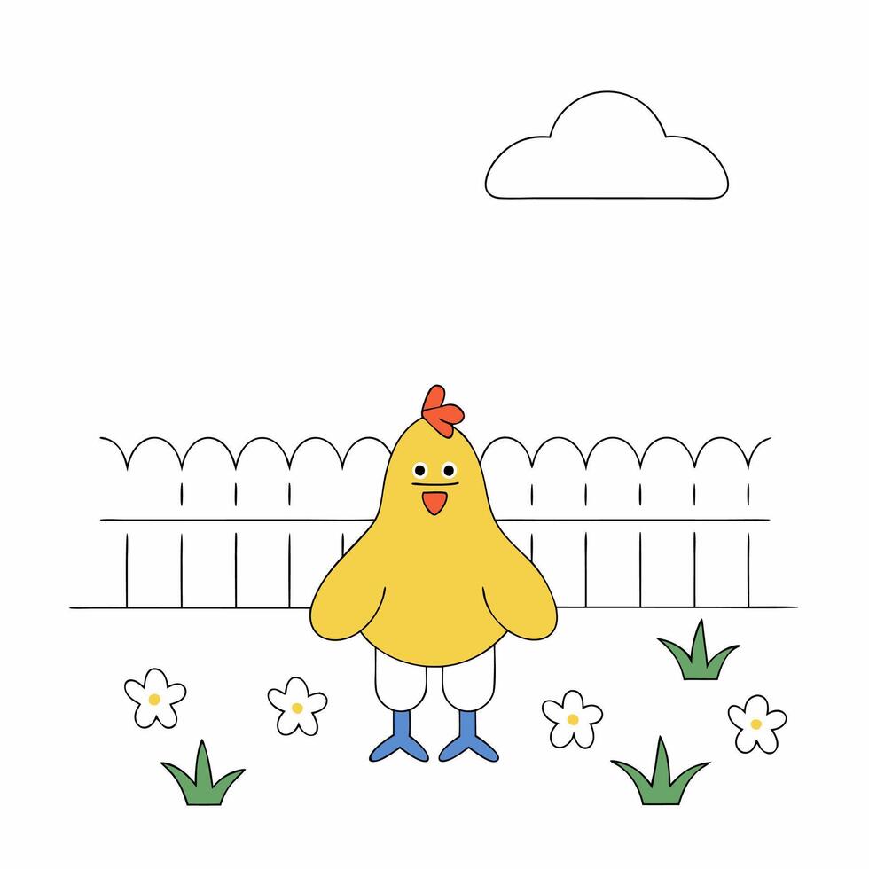 Cute Yellow Chick in Garden Springtime Illustration Simple Line Art. vector