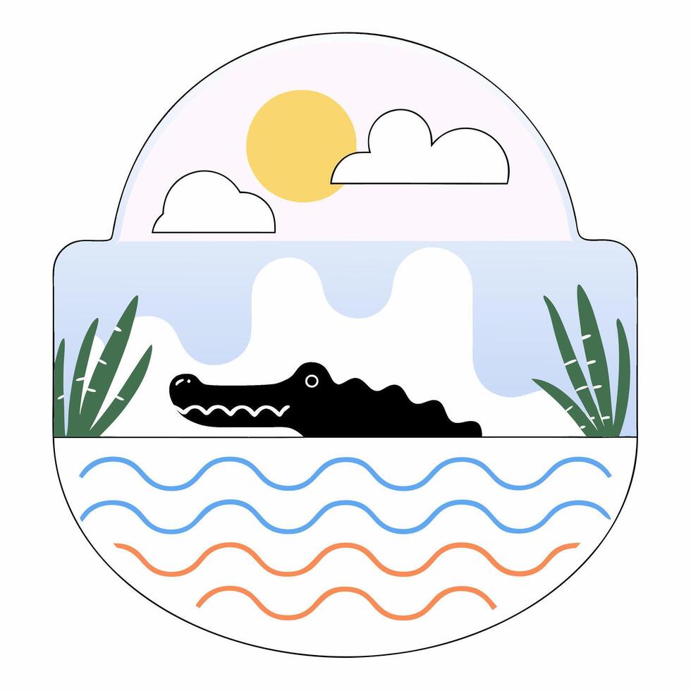 Cute Alligator in Pastel Landscape Minimalist Illustration, Kids Design. vector