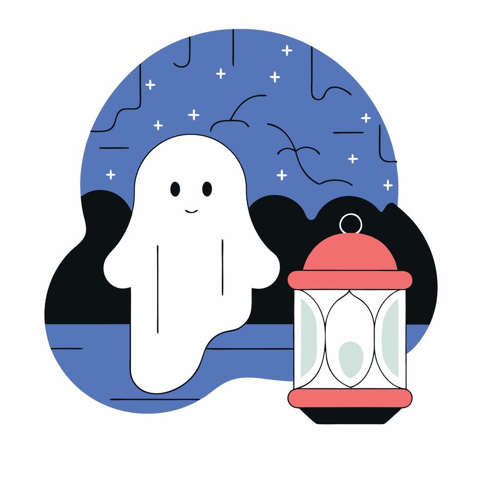 Friendly Halloween Ghost and Lantern Illustration Cute Spooky Night Scene. vector