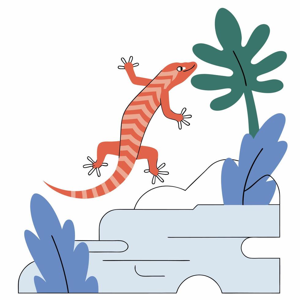 Playful Orange Gecko, Leaping, Tropical Plants. vector