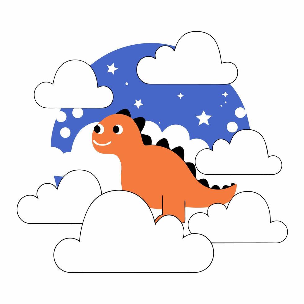 Cute Orange Dinosaur in Clouds. vector