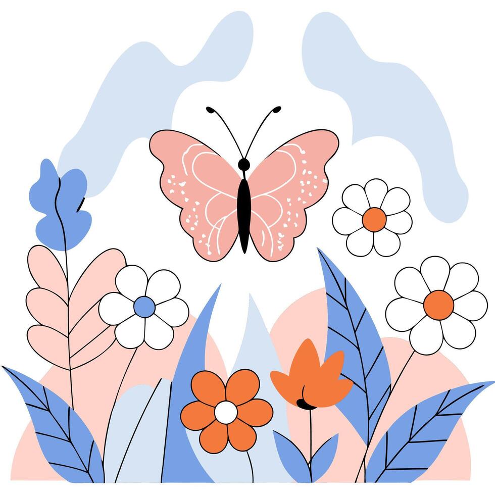 Pastel Pink Butterfly with Flowers Flat Design Illustration. vector
