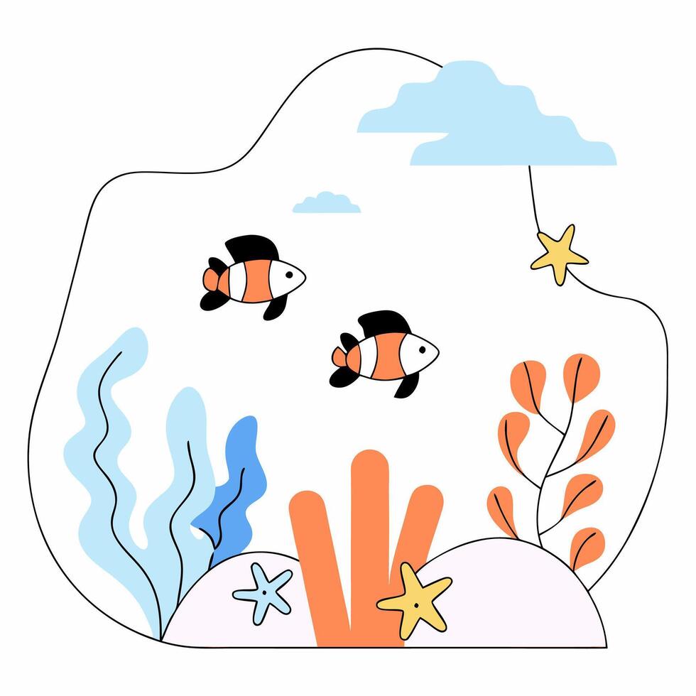 Adorable Clownfish Underwater Scene Colorful Illustration, Kids Design. vector