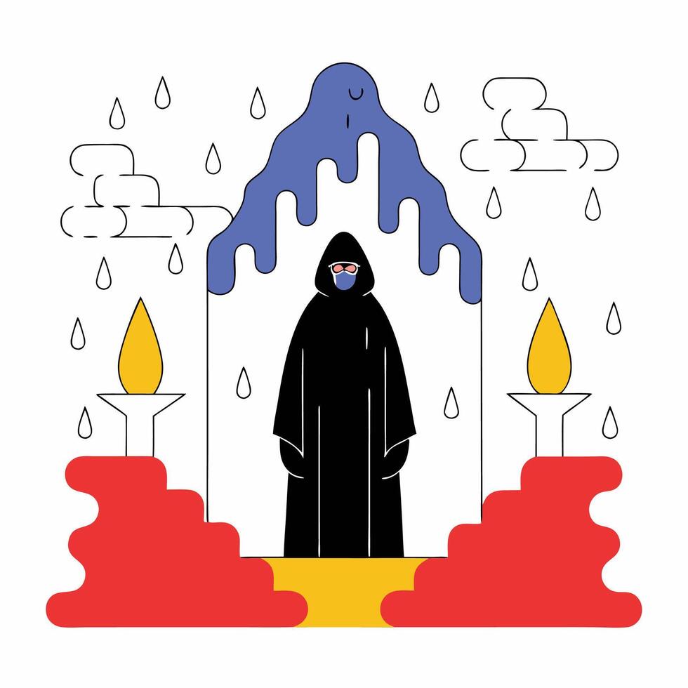 Minimalist Rain Scene Hooded Figure, Candles. vector