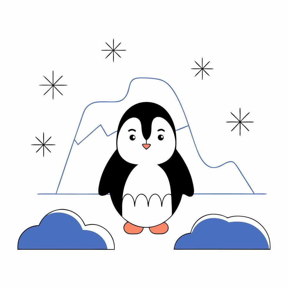 Cute Penguin Cartoon Illustration Minimalist Winter Animal Design. vector
