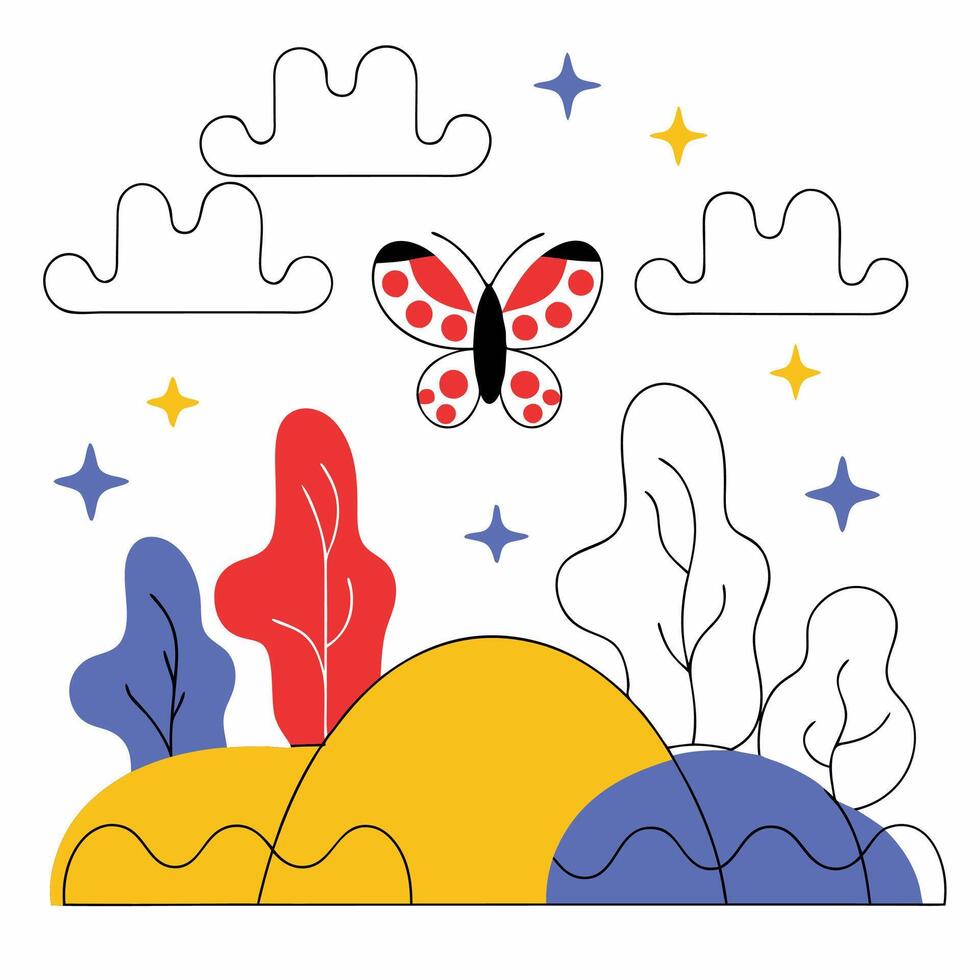 Polka Dot Butterfly Spring Landscape Illustration Vibrant Colors. vector