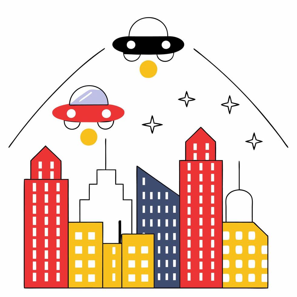 UFOs Over Cityscape Red and Black Alien Spaceships, Flat Design. vector