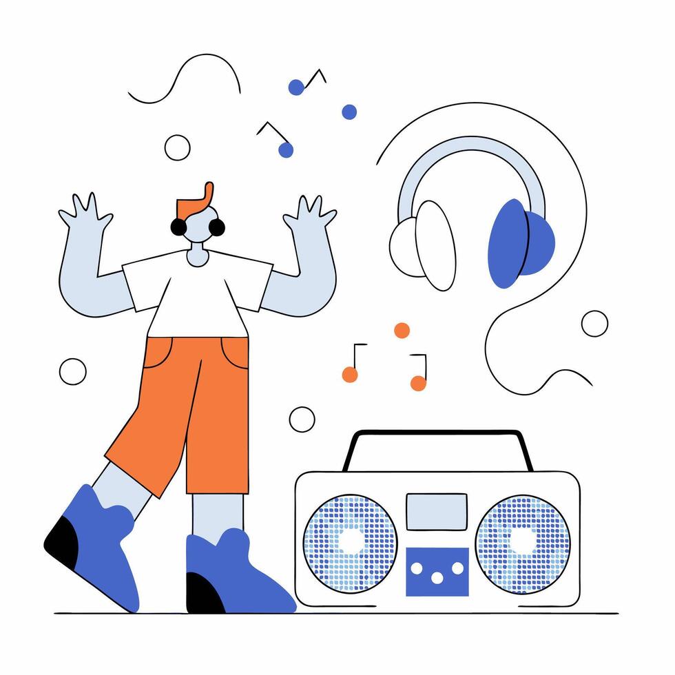 Happy Person Dancing to Music from Boombox Fun Illustration. vector