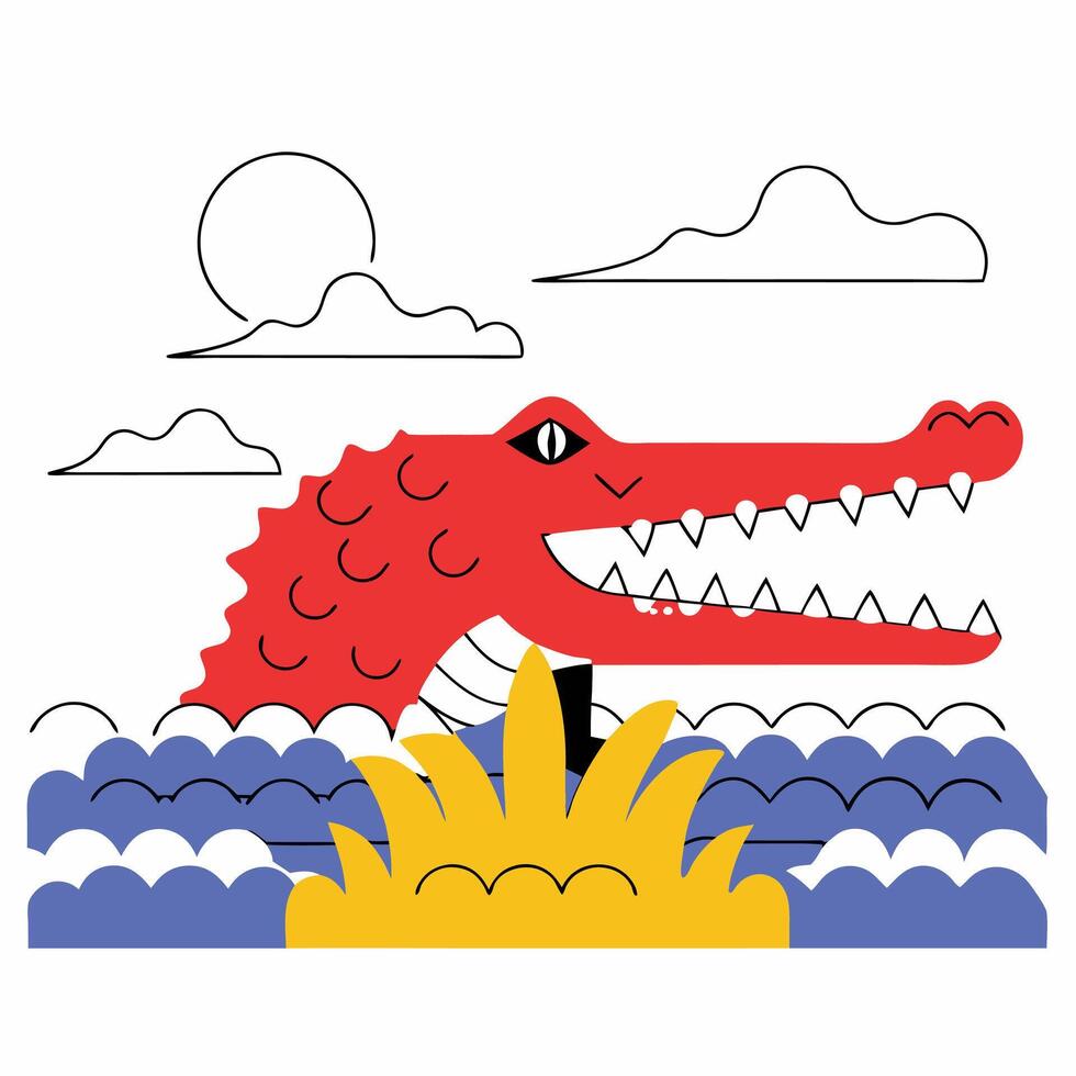 Red Crocodile Illustration Bold Graphic, Open Mouth. vector