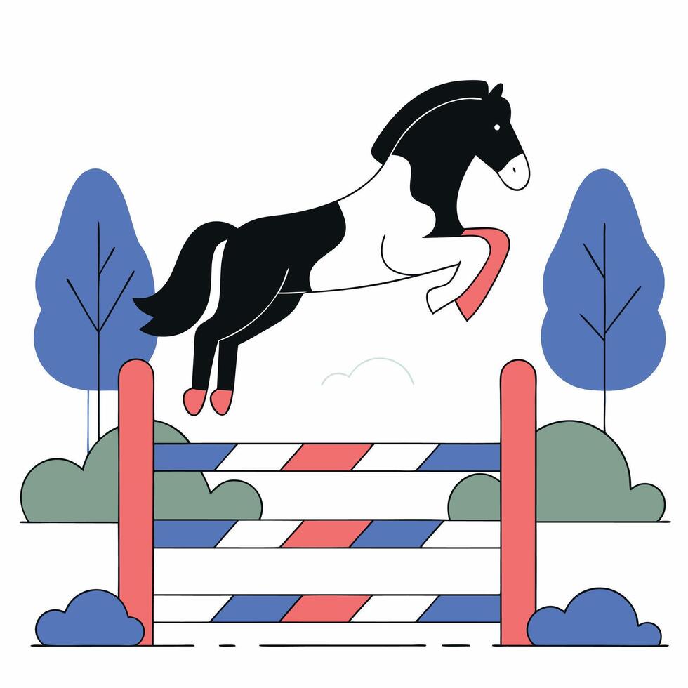 Horse Jumping Hurdle Black White Pony, Line Art. vector