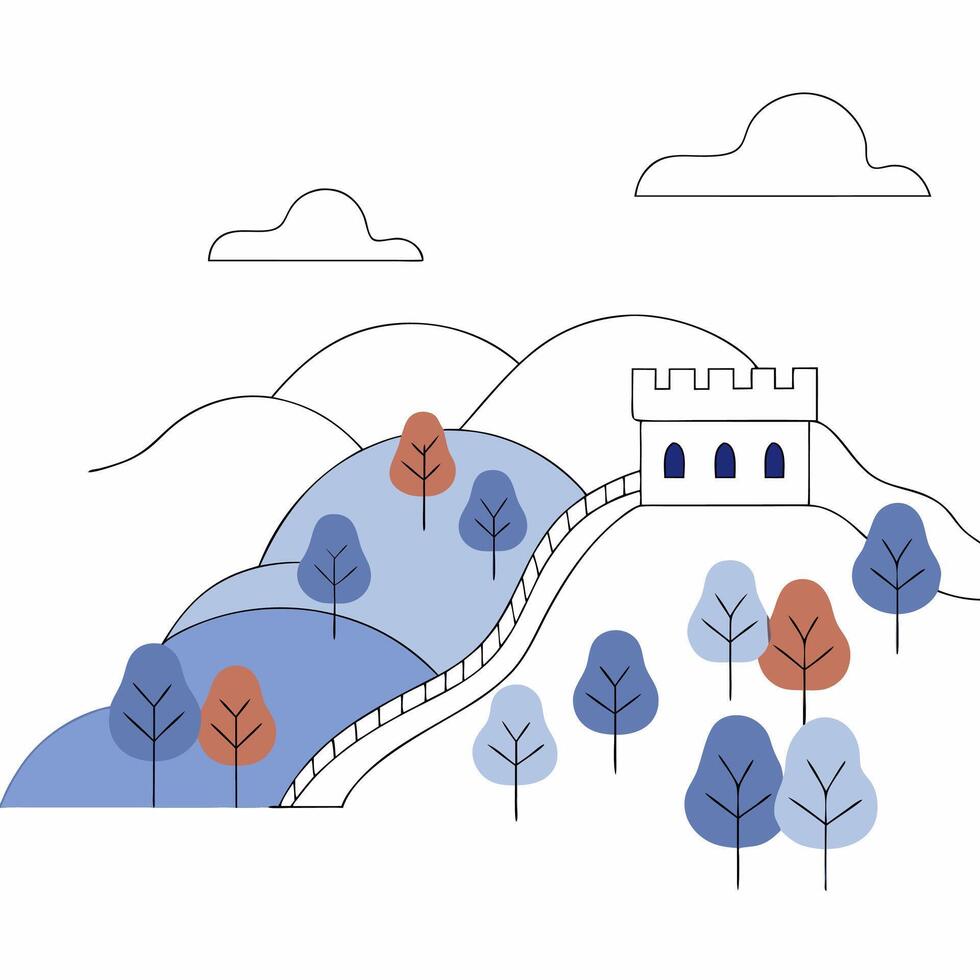 Great Wall of China Minimalist Illustration Blue Hills, Autumn Trees. vector