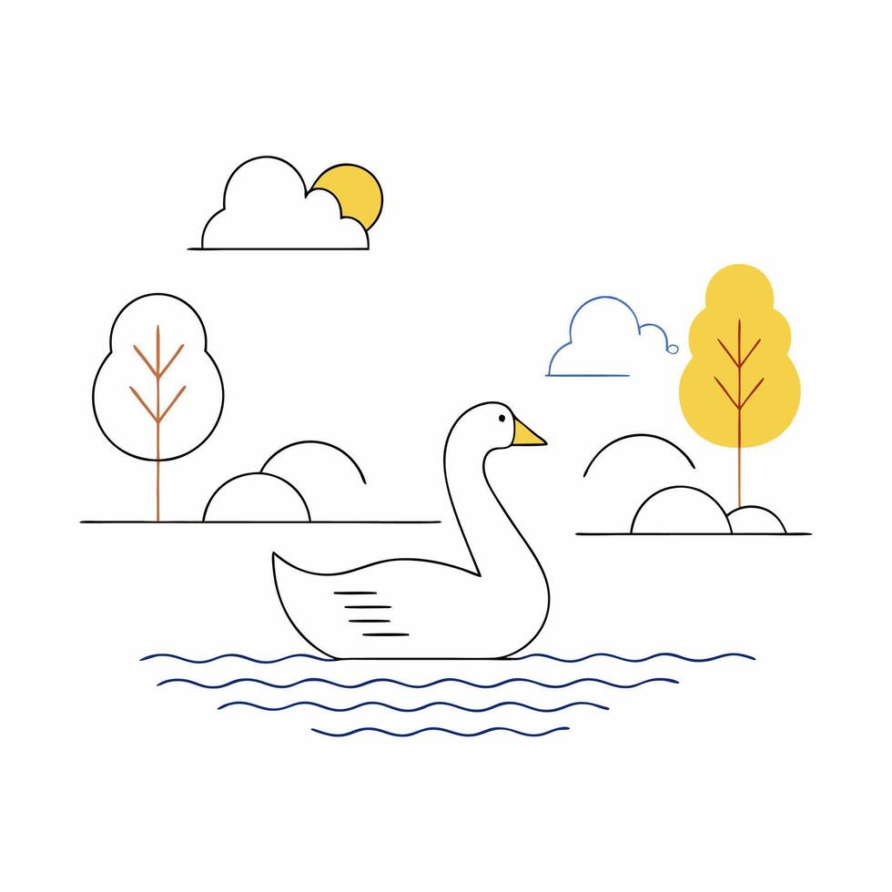 Minimalist Swan Lake Autumn Scene Elegant Line Art Graphic. vector