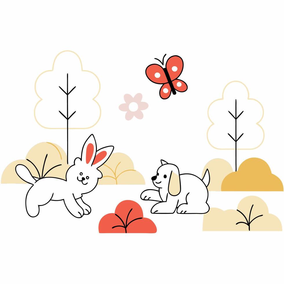 Cute Bunny and Puppy Spring Illustration Playful Animals, Pastel Colors. vector