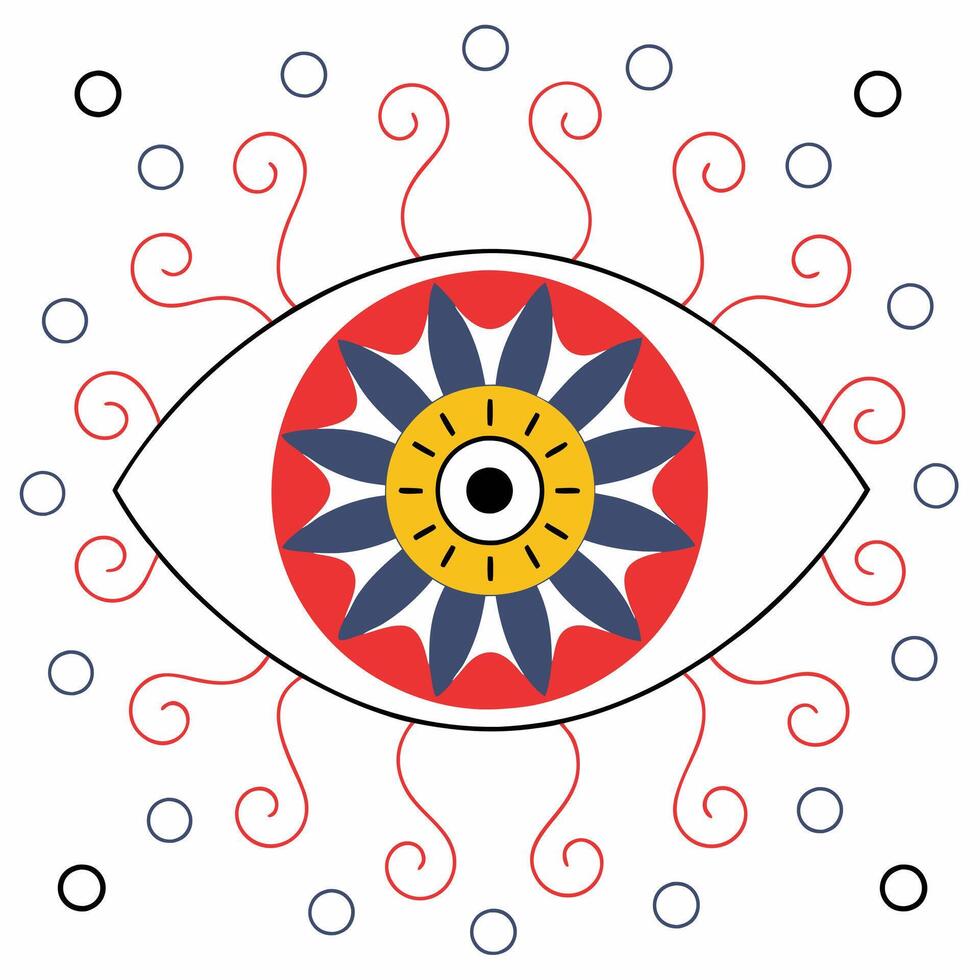 Colorful Floral Eye Mandala Red, Blue. vector