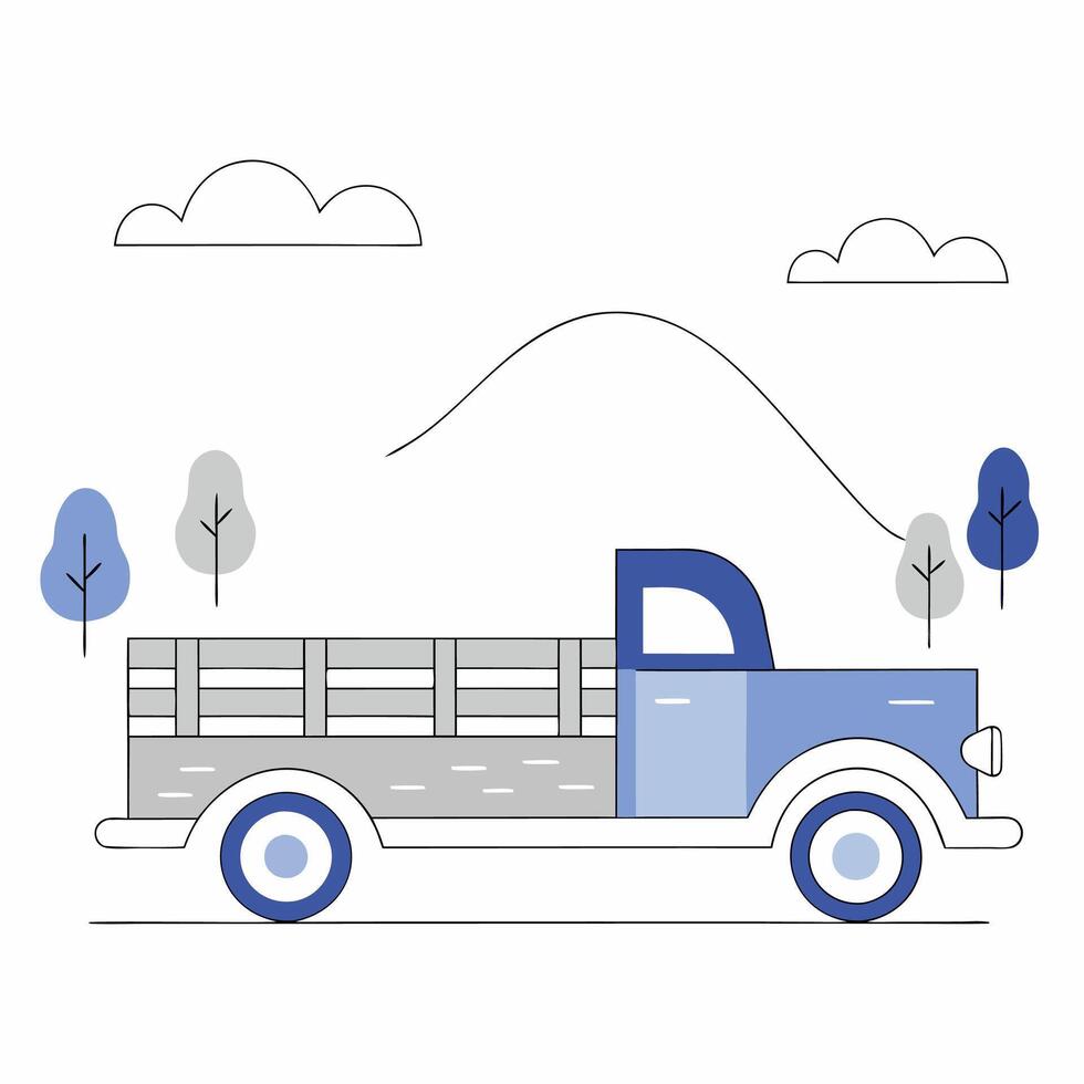 Rustic Blue Pickup Truck Illustration Simple Line Art. vector
