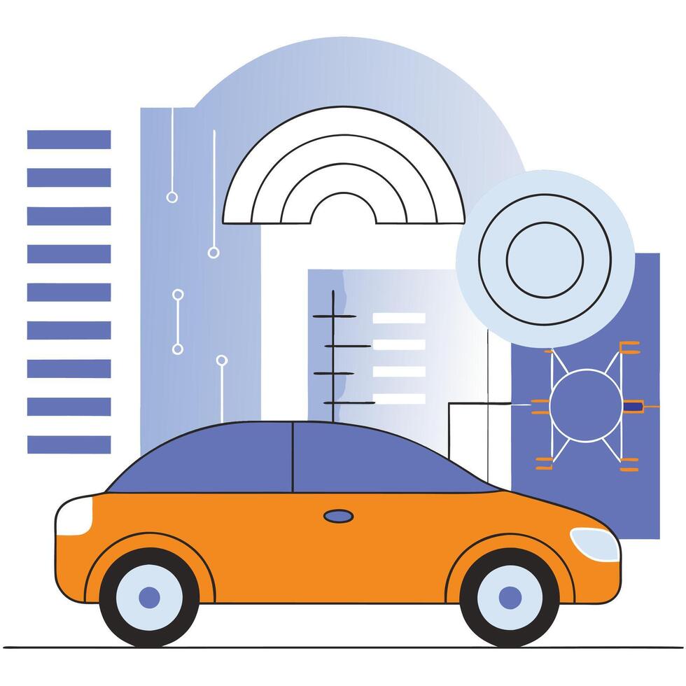 Professional Orange Car Illustration Futuristic Cityscape. vector