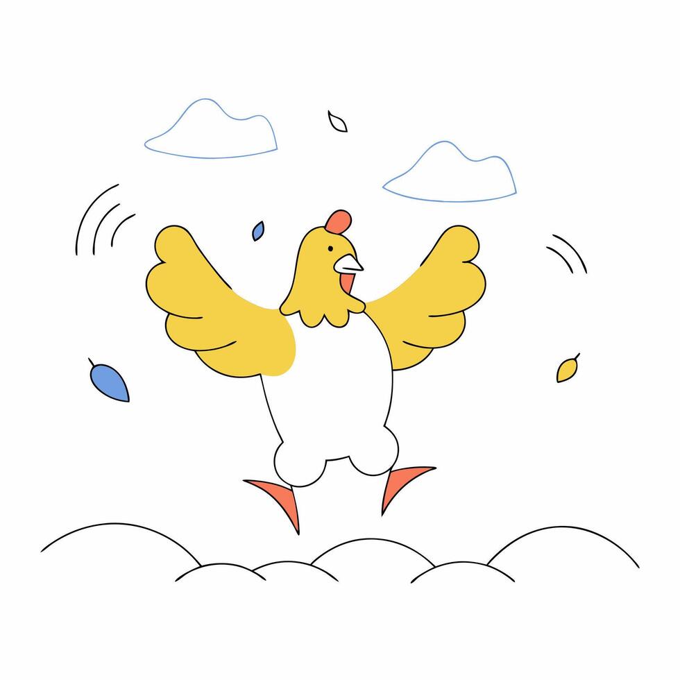 Happy Jumping Chicken Illustration Cute Farm Animal Cartoon Yellow and White. vector